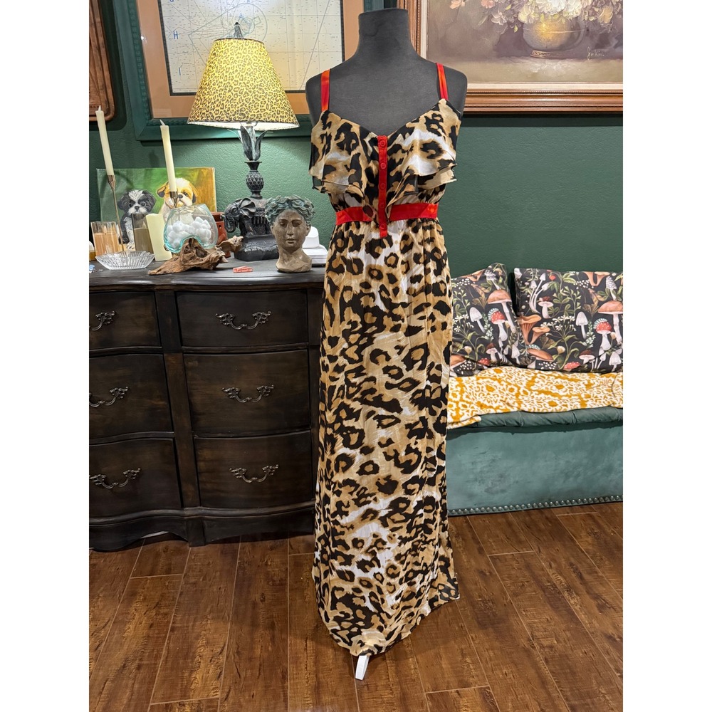 Nicole by Nicole Miller Leopard Print Maxi Dress Red Trim Animal Print Womens 16